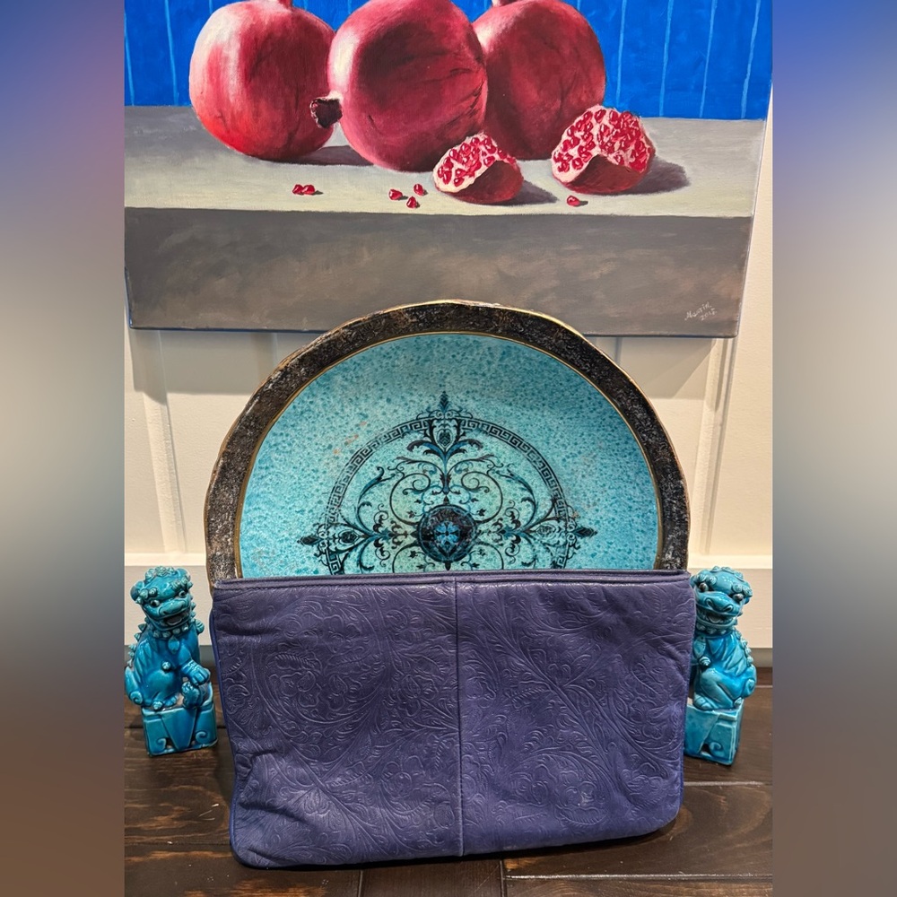 Vintage Nordstrom Blue Embossed Leather Clutch EUC